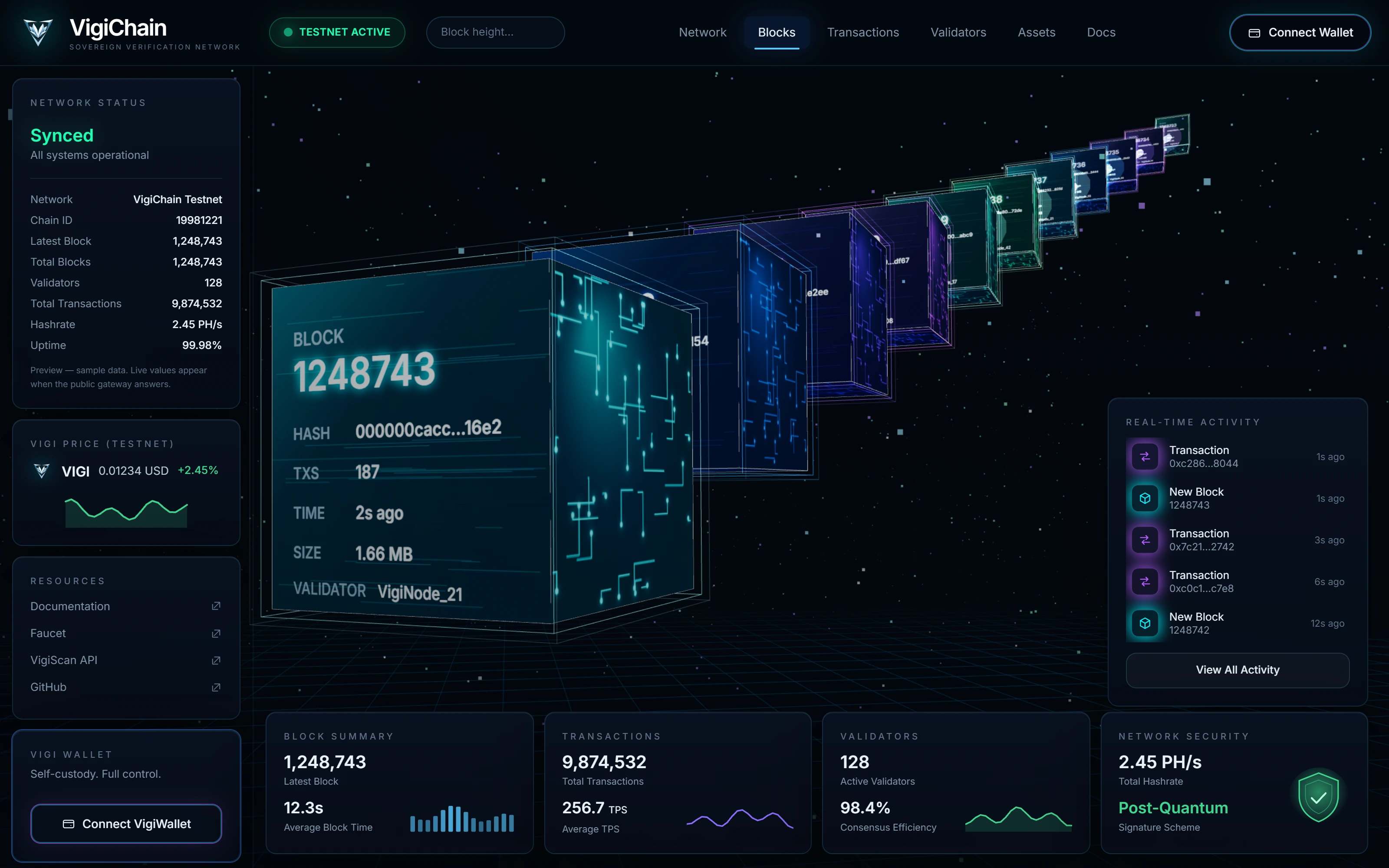 VigiScan — the VigiChain explorer: block chain view, network status, validators and real-time activity