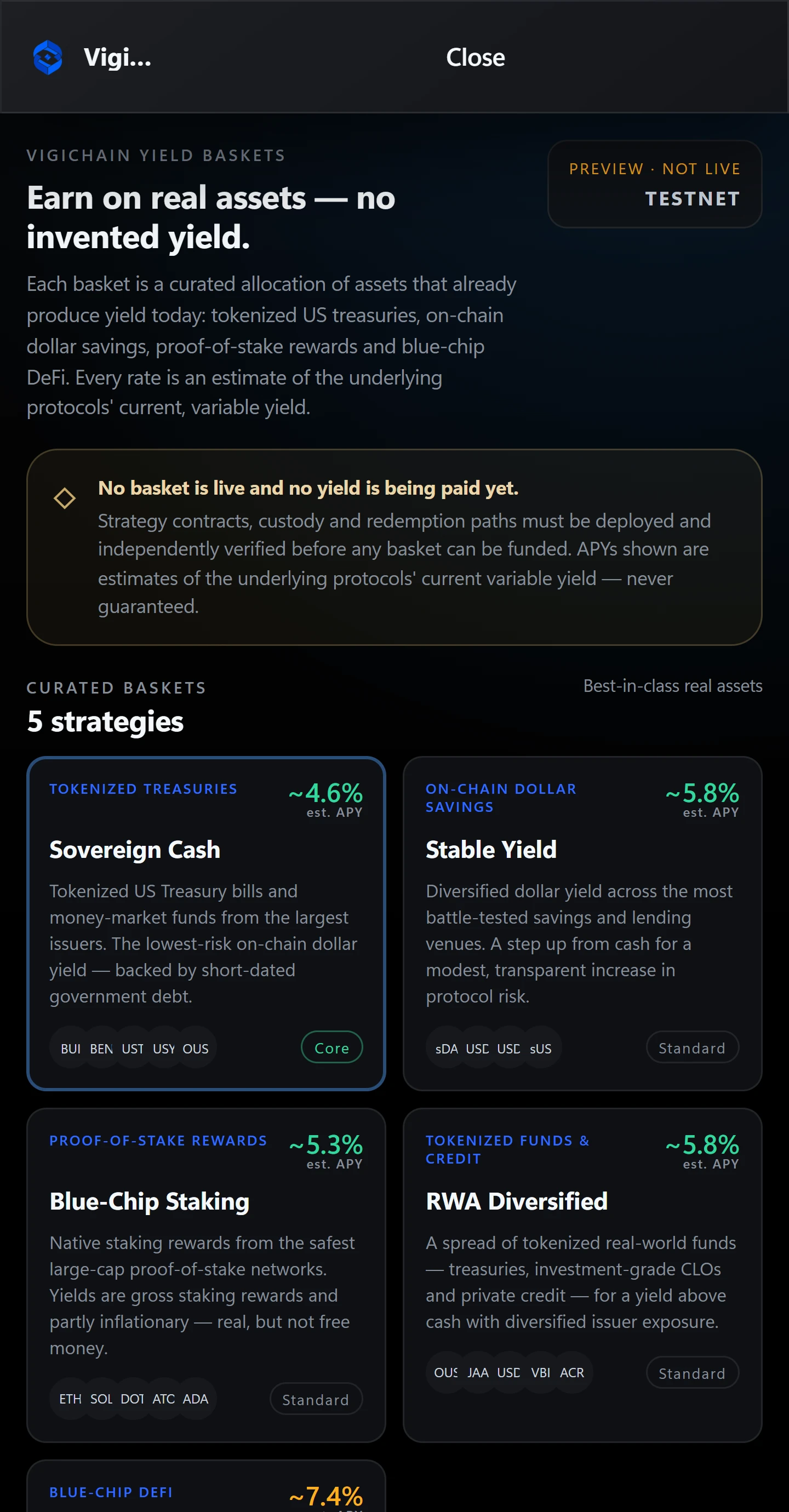 VigiBank yield baskets — marked as preview, not live, with estimated rates