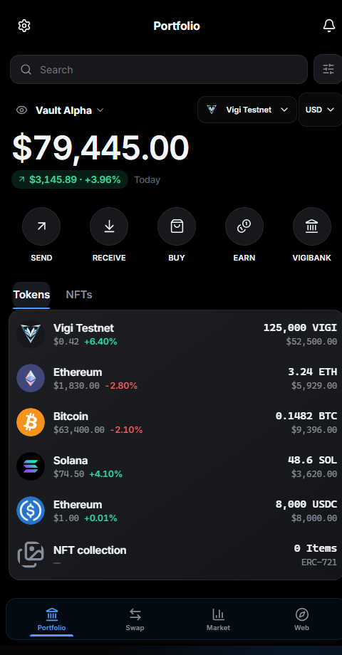 Vigi Wallet home screen