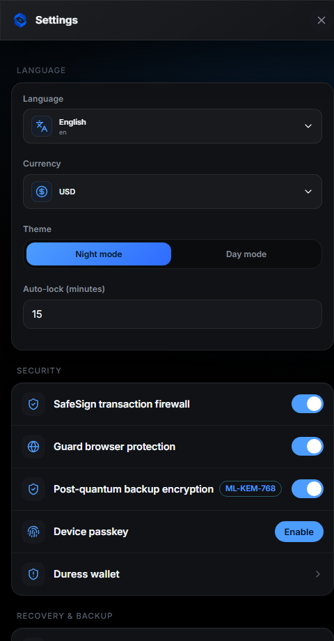 Vigi Wallet settings screen